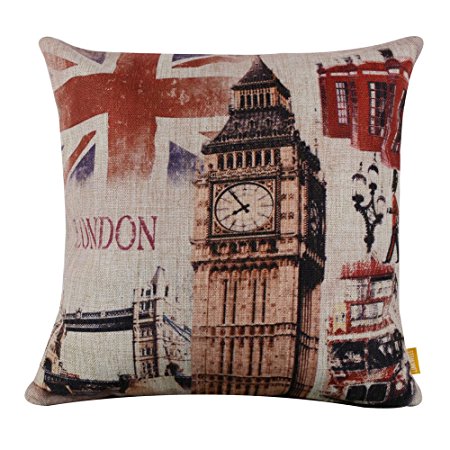 LINKWELL 45x45cm Retro London Union Jack Big Ben Tower Bridge Linen Cushion Covers