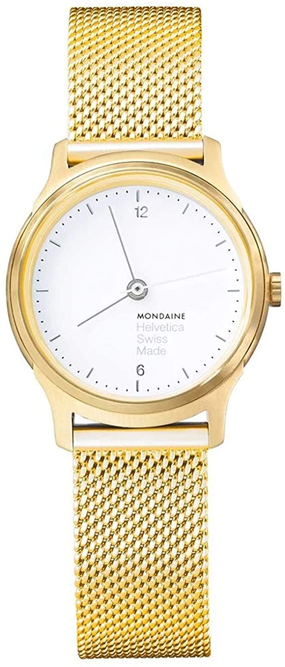 Mondaine Classy Helvetica Wrist Watch for Women (MH1.L1111.SM) Swiss Made, Golden Stainless Steel Strap Milanaise Style and Golden Case