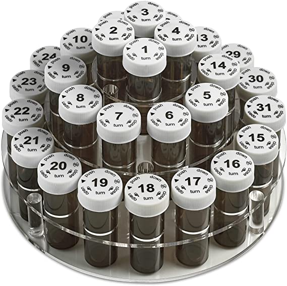 Monthly Pill Bottle Organizer Caddy - 31 Numbered Full-Size Pill Bottles w Child-Proof Lids for Each Day of The Month- Clear Rack and Easy to Use for Daily Dose of Medication Vitamins and Supplements