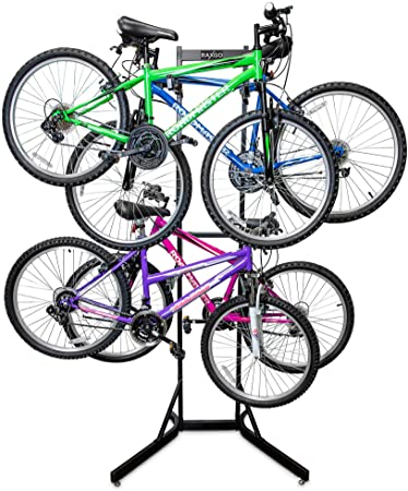 RaxGo Bike Storage Rack, 4 Bicycle Garage Floor Stand, Adjustable, Freestanding, Adjustable Hooks, For Mountain & Road bicycles, Universal For Indoor Use