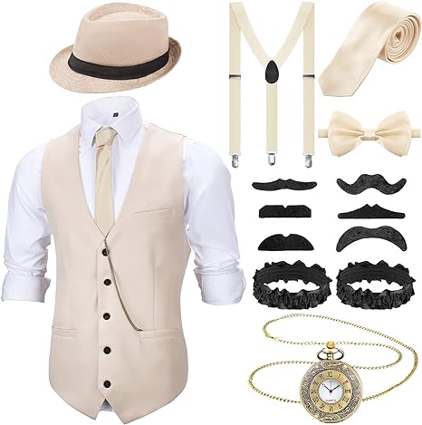 SATINIOR 1920s Mens Costume 20s Halloween Cosplay Accessories Outfit with Gangster Vest Fedora Hat Pocket Watch Suspenders