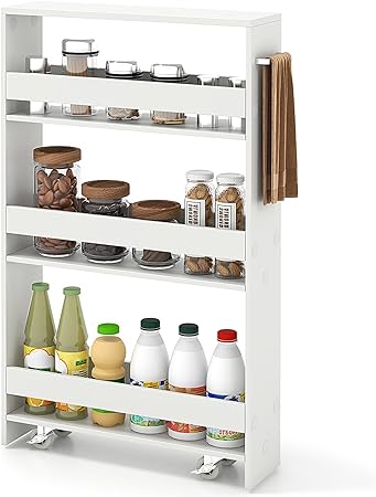 COSTWAY Slim Rolling Storage Cart, 4-Tier Rolling Utility Cart, Wood Kitchen Storage Cart with Handle & Wheels, Narrow Rolling Shelving Unit for Kitchen Bathroom Laundry Small Places (Plain White)