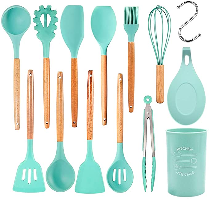 14pcs Kitchen Utensil Set - Alotpower Silicone Cooking Utensils - Wooden Kitchen Utensils Set - Silicone Spatula Set Utensil Set, Kitchen Tools Gadgets with Holde