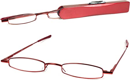 I-Mag Mini Metal Spring Hinge Reading Glasses with Slide Open Hard Case (1.00, RED)