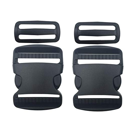 YUWON 2 Set 2" Flat Buckles Dual Adjustable Buckles and Tri-Glide Slides Quick Side Release Buckle for Luggage Straps Pet Collar Backpack Repairing (Black)