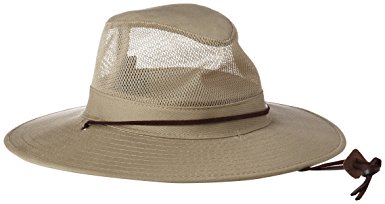 Dorfman Pacific Men's Brushed Twill-and-Mesh Safari Hat with Genuine Leather Trim