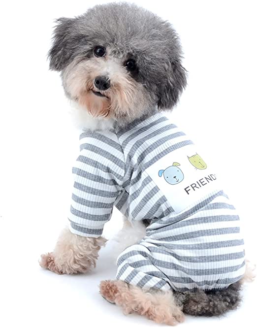 Ranphy Small Dog Stripe Pajamas Winter Comfy Cotton Pet Clothes Puppy Outfit Cat Apparel Doggy Pyjamas PJS Shirt Yorkie Jumpsuit Boys for Summer Autumn Gray Size L