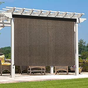 Artpuch Outdoor Roller Shade 8' W x 8' H Fabric Blind Mocha Outdoor Roll Up Shade with Aluminum Valance, Wand Operation Exterior Roller Shade Cloth for Patio Porch Gazebo