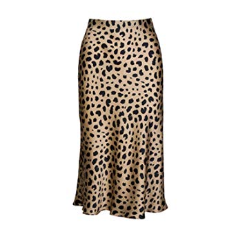 High Waist Leopard Midi Skirt Hidden Elasticized Waistband Silk Satin Skirts Slip Style Animal Print Skirt Women