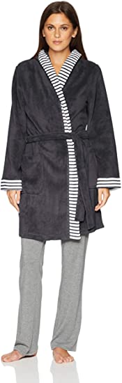 Amazon Brand - Mae Women's Plush Wrap Robe with Printed Stripe Trim