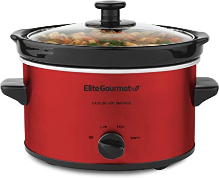 Elite Gourmet MST-275XR# Electric Oval Slow Cooker, Adjustable Temp, Entrees, Sauces, Stews & Dips, Dishwasher Safe Glass Lid & Crock (2 Quart, Metallic Red)