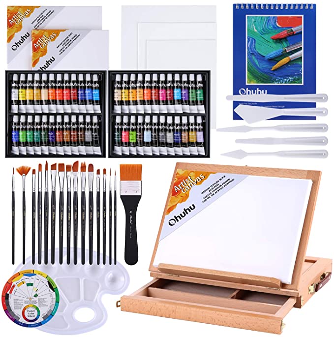 Acrylic Painting Set, Ohuhu 78pcs Artist Set with 48 Non Toxic Acrylic Paint Tubes, Wood Table-Top Easel Box, Art Painting Brushes and Acrylic Painting Pads for Artists Students Kids