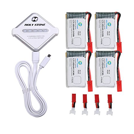 Holy Stone 4 in 1 Battery Charger and Rechargeable Li-Po Batteries 4Pcs 3.7V 650mAh for RC Quadcopter Drone HS110, HS200, HS120, HS130