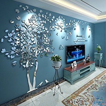 N.SunForest 3D Crystal Acrylic Couple Tree Wall Stickers Silver Self-adhesive DIY Wall Murals Home Decor Art - X-Large