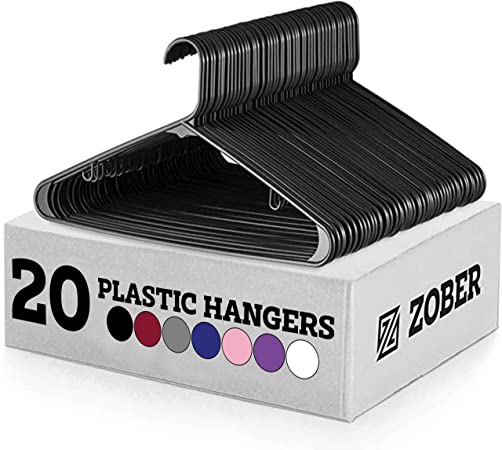 Zober Plastic Hangers 20 Pack - Standard Set of Clothes Hangers for Coats, Jackets & Pants - Slim Coat Hanger Set for Everyday Use - Clothing Hangers w/Hooks - Heavy Duty Hangers, Black