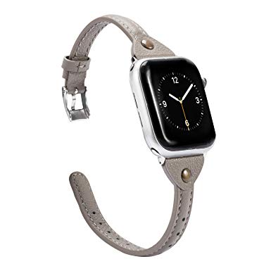 Wearlizer Gray Leather Compatible with Apple Watch Band 38mm 40mm iWatch Womens Mens Strap Slim Wristband Leisure Exclusive New Bracelet (Metal Silver Buckle) Series 4 3 2 1 Edition Sports