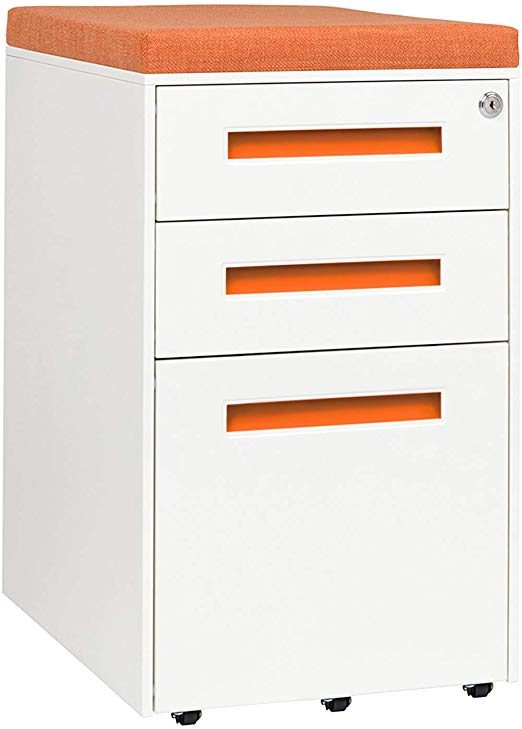 STOCKPILE Seated 3-Drawer Mobile File Cabinet with Removable Magnetic Cushion Seat, Commercial-Grade, Pre-Assembled (White/Orange with Orange Cushion)