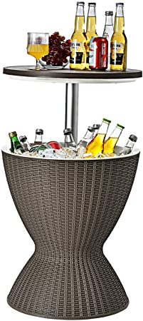 COSTWAY Ice Bucket Table, 30L Multifunctional Ice Beer Drinks Storage Holder with Height Adjustable Tabletop, Outdoor Garden Patio Deck Cool Bar for Camping Picnic Party (Brown)