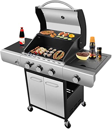 R.W.FLAME 34000 BTU Liquid Propane Grill with 3-Burner,Temperature Display, Bottle Opener, Side Burner, Cart Grills, Stainless Steel Gas BBQ Wagon