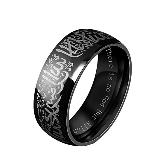 HIJONES Men's Stainless Steel Muslim Islamic Ring with Shahada in Arabic and English Gold Black