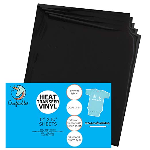 Craftables Black Heat Transfer Vinyl HTV - 5 Sheets Easy to Weed Tshirt Iron on Vinyl for Silhouette Cameo, Cricut, All Craft Cutters. Ships Flat, Guaranteed Size