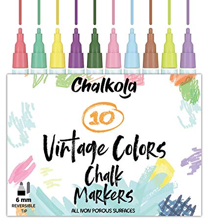 Liquid Chalk Markers for Chalkboards (10 Vintage Colors) | Kid Safe, Non-Toxic, Dustless & Erasable | 6mm Reversible Bold & Chisel Nib