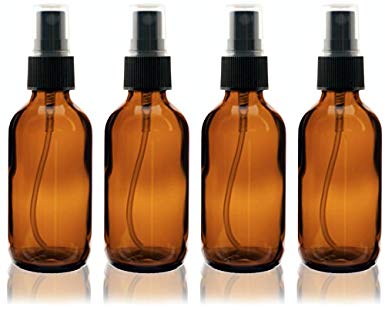 4 Empty 2oz Amber Glass Spray Misters - Refillable Bottle for Essential Oils, Organic Beauty Products, Homemade Cleaners and Aromatherapy with a Black Fine Mist Dispenser - 4 Pack of 2oz Bottles