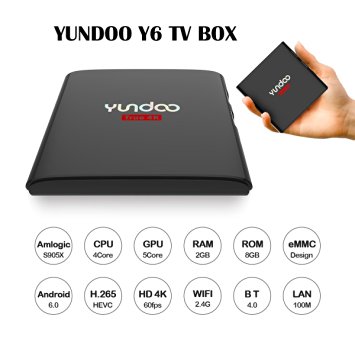 YUNDOO Y6 4K TV Box Android 6.0 2G/8G Smart OTT Box Amlogic S905X Quad Core KODI 16.1 Pre-installed Miracast Airplay Streaming Media Player Support H.265 VP9 HDR BT 4.0 HDMI 2.0 DLNA with Wifi RJ-45