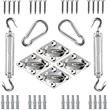 Bigear Sun Sail Installation Kit for Rectangle and Square Sun Shade Sail Installation Stainless Steel 316 Marine Grade Shade Sail Hardware Kit for Patio Lawn Garden, 24 Pcs Silver