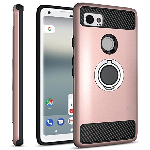 Google Pixel 2 XL Case with Ring, CoverON RingCase Series Protective Phone Case with Carbon Fiber Accents and Finger Ring Grip for Pixel 2 XL / 2XL - Rose Gold and Black