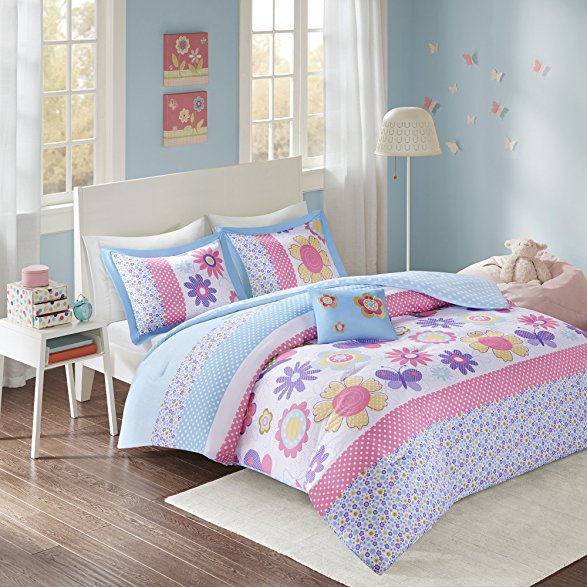 Comfort Spaces - Happy Daisy Kid Comforter Set - 4 Piece - Butterfly & Floral - Blue Pink - Queen Size, includes 1 Comforter, 2 Shams, 1 Decorative Pillow