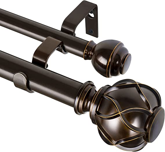 KAMANINA 1 Inch Double Curtain Rods 72 to 144 Inches (6-12 Feet) Window Telescoping Drapery Rod, Netted Texture Finials, Antique Bronze