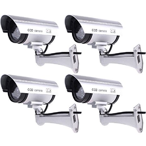 Megach Fake Surveillance Cameras 4 Pack Outdoor/Indoor Waterproof Wireless Surveillance Equipment Dummy Video Surveillance with Flashing Night Light LED Simulated Cameras (Silver 4 Pack)