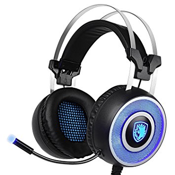 SADES A9 Gaming Headset,USB Over Ear Gaming Headphones with Microphone ,7 colors Breathing LED Lighting Vibration for Pc(Black and Blue)