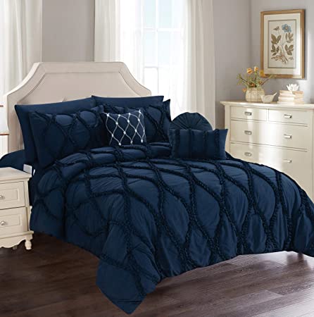 Elegant Comfort Luxury Best, Softest, Coziest 10-Piece Bed-in-a-Bag Infinity Comforter Set, Includes Bed Sheet Set with Double Sided Storage Pockets and Decorative Pillows, King/Cal King, Navy