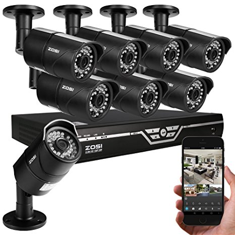 ZOSI 8CH 720P AHD DVR System with 8 Indoor/ Outdoor 30m Night Vision 720P 1200TVL Security Cameras Smartphone Scan QR Code Quick Remote Access NO HDD