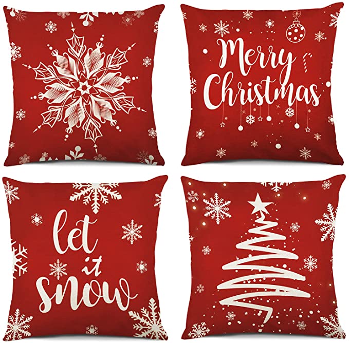 Molili Christmas Pillow Covers 18x18 Set of 4 Red Xmas Let it Snow Throw Pillow Covers Burlap Linen Decorative Cushion Case for Sofa Bed Outdoor Home Décor