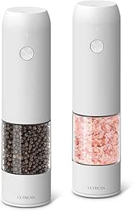 Ultrean Electric Salt and Pepper Grinder Set (2 Pack), USB Rechargeable Salt Pepper Mill Grinder with 6 Adjustable Coarseness, LED Light, One-Hand Operation for Kitchen, Restaurant, BBQ (White)