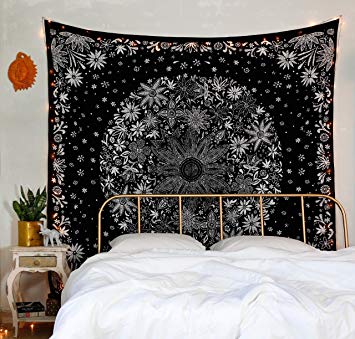 Labhanshi Black White Indian Medallion Tapestry - Floral Mandala Wall Hanging - Hippie Boho Bohemian Wall Decor Art - Queen Size Cotton Bedspread for Bedroom Living Room