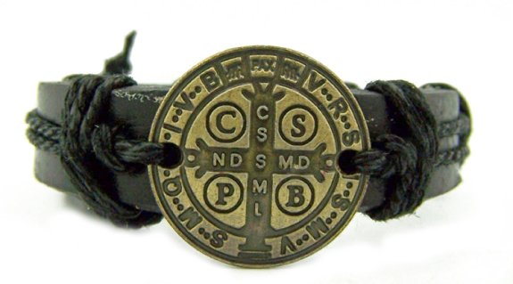 Bronze Tone Saint Benedict Medal on Black Leather Bracelet, 7 3/4 Inch