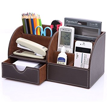 KINGOM™ 7 Storage Compartments Multifunctional PU Leather Office Desk Organizer,Desktop Stationery Storage Box Collection, Business Card/Pen/Pencil/Mobile Phone /Remote Control Holder Desk Supplies Organizer (Brown)