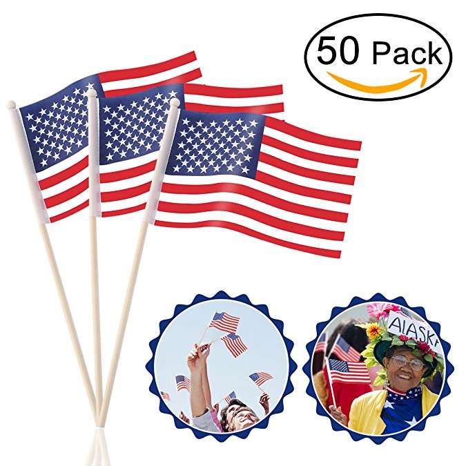 American Flags Hand Held 50 Pack 4" x 6" Mini US Flags on Stick with Round Top