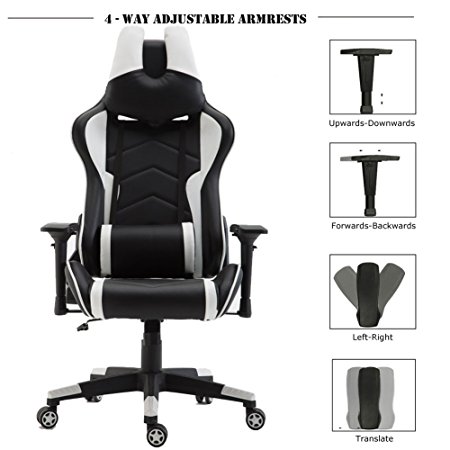 Racing Gaming Office Chair with U-shape Headrest, Wahson Ergonomic Swivel Computer Desk Chair , High Back PU Leather with 4D Adjustable Arms , Recliner Sport Racing Chair (White and Black)
