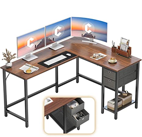 Cubiker L-Shaped Computer Desk, Home Office Corner Desk with Non-Woven Drawer, Sturdy Writing Table, Space-Saving, Easy to Assemble, Espresso