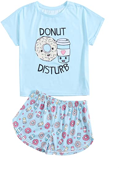 DIDK Women's Cartoon Print Tee and Curved Hem Shorts Pajama Set