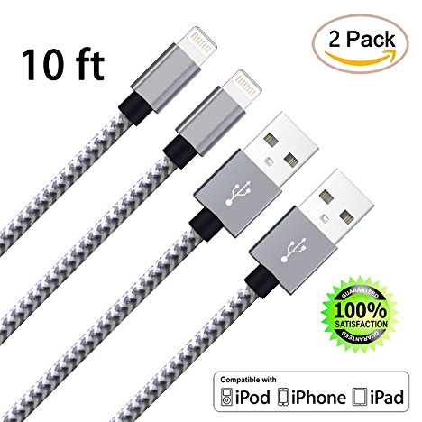 Lightning Cable,aonear Lightning to USB Cable - 10 Feet for iPhone 7/7 Plus, 6s/6s Plus, 6/6 Plus, se/5s/5c/5, iPad Pro/Air 2, iPad mini 4/3/2, iPod touch 6th Gen/5th Gen/Nano 7th Gen(10FT GREY WHITE)