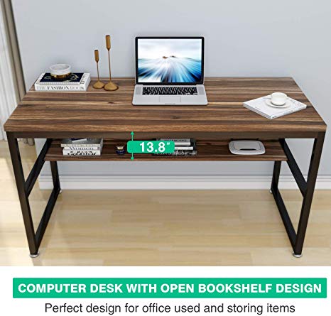 Ziocceh Industrial Wood Desk with Storage Bookshelf Metal Frame Desk 55 inch, Home Office Study Writing Gaming Desk, Oak Brown Computer Desk