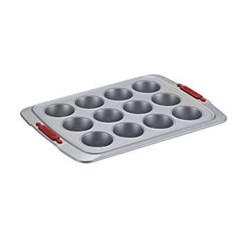 Cake Boss Deluxe Nonstick Bakeware 12-Cup Muffin Pan, Gray with Red Silicone Grips