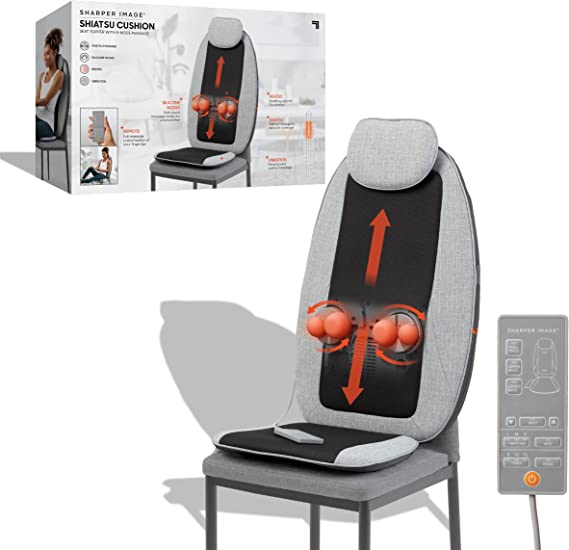 SHARPER IMAGE Smartsense Shiatsu Realtouch Chair Pad, Soothing Heat, 4 Deep Kneading Gel Nodes, Pain Relief for Neck, Back, Shoulders, Lumbar, Pressure Points Body Scan