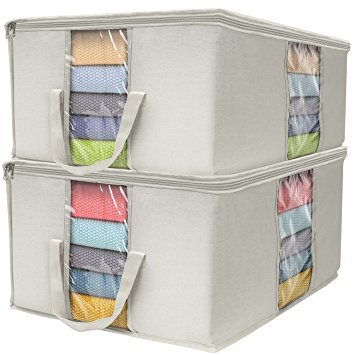 Sorbus Foldable Storage Bag Organizers, Large Clear Window & Carry Handles, Great for Clothes, Blankets, Closets, Bedrooms, and more (Square Storage Bag - 2 Pack, Beige)